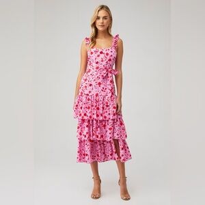 LIKELY Charlotte Dress. Pink Floral Tiered Midi Dress with Bow msrp$160